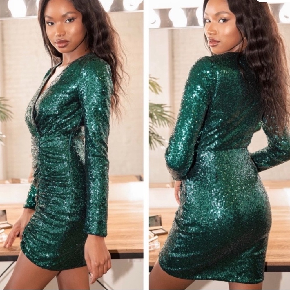 Lulus Get Festive Sequin Holiday Party Bodycon Mini Dress Emerald Green XL